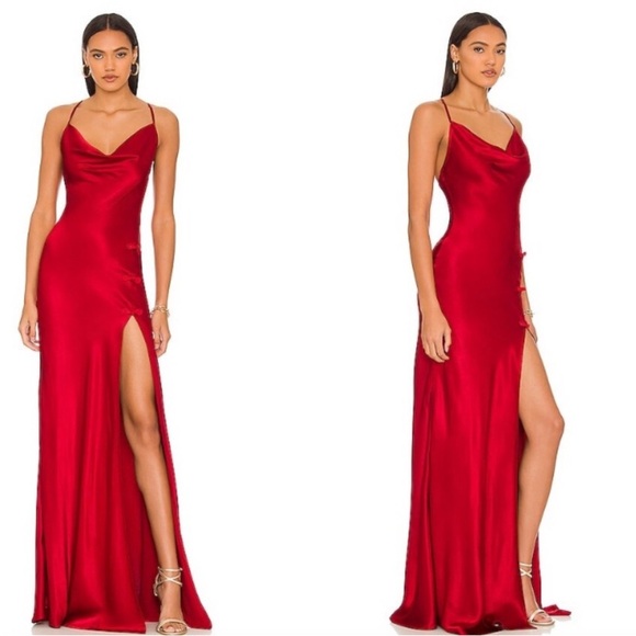 Sau Lee satin Red Gabrielle Maxi Slit leg Dress Sz XS 0 - Picture 1 of 7